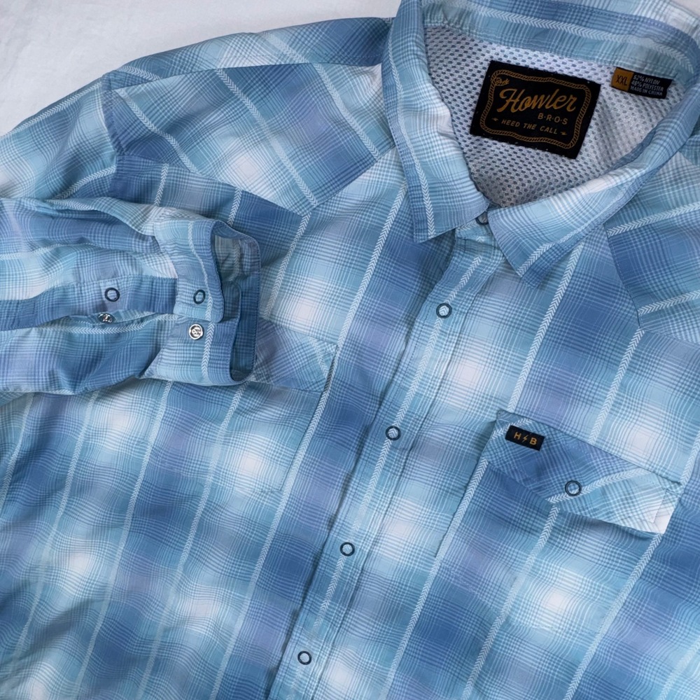 Howler Brothers H Bar B Snap Shirt Mens XXL Blue Plaid Western Long Sleeve
